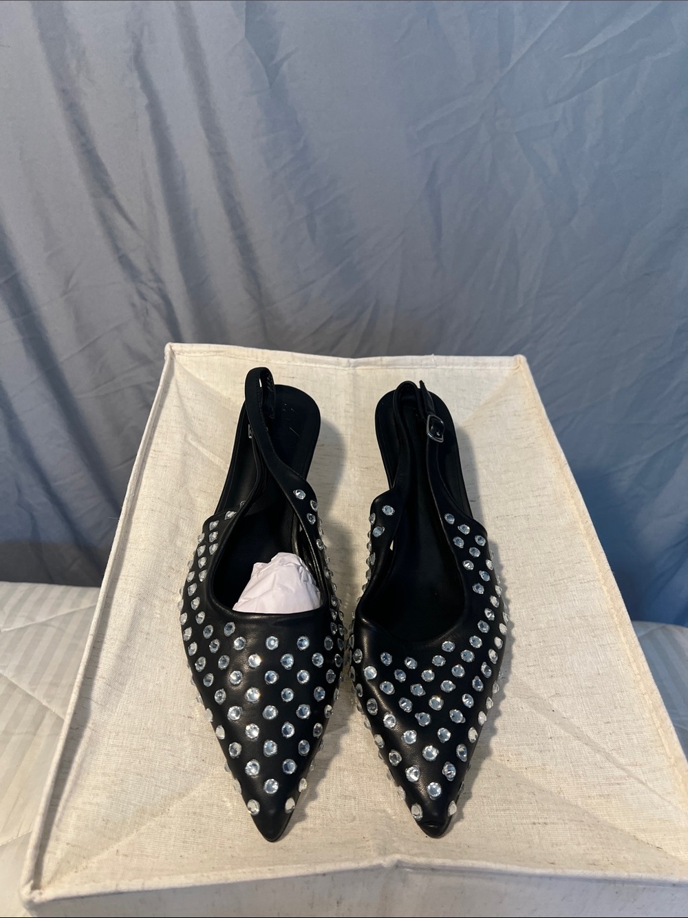 Black Studded Pointed Slingback Short Heels with Crystal Accents